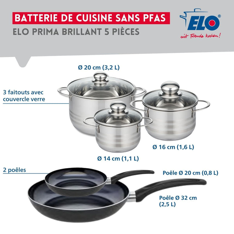 Ensemble de 2 Poêles de cuisson 20 et 32 cm et 3 faitouts 14, 16 et 20 cm Elo Prima Brillant