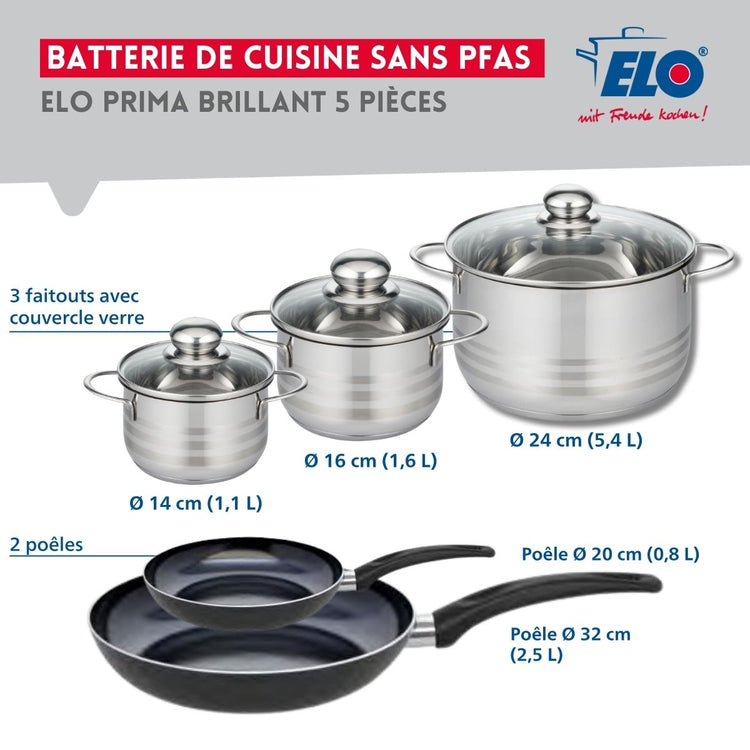 Ensemble de 2 Poêles de cuisson 20 et 32 cm et 3 faitouts 14, 16 et 24 cm Elo Prima Brillant