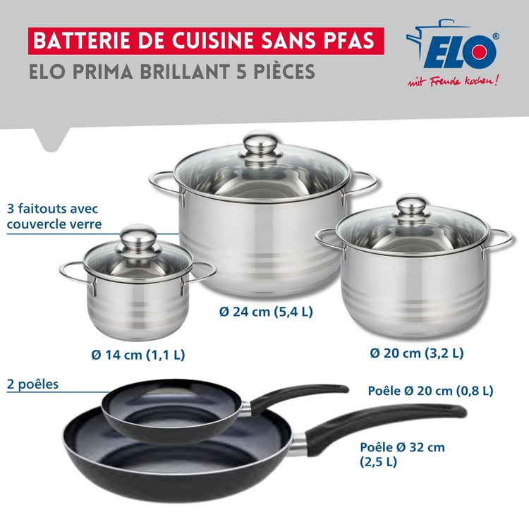 Ensemble de 2 Poêles de cuisson 20 et 32 cm et 3 faitouts 14, 20 et 24 cm Elo Prima Brillant