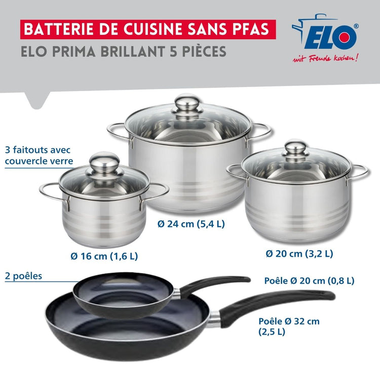 Ensemble de 2 Poêles de cuisson 20 et 32 cm et 3 faitouts 16, 20 et 24 cm Elo Prima Brillant