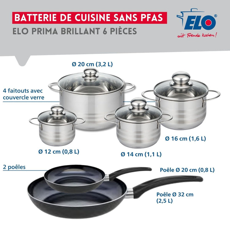 Ensemble de 2 Poêles de cuisson 20 et 32 cm et 4 faitouts 12, 14, 16 et 20 cm Elo Prima Brillant