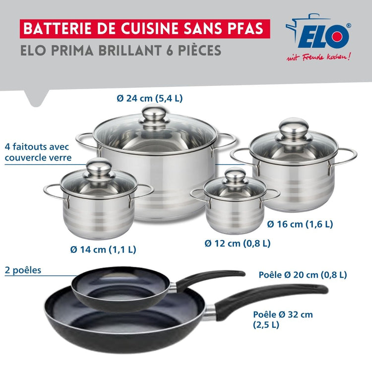 Ensemble de 2 Poêles de cuisson 20 et 32 cm et 4 faitouts 12, 14, 16 et 24 cm Elo Prima Brillant