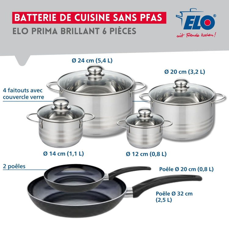 Ensemble de 2 Poêles de cuisson 20 et 32 cm et 4 faitouts 12, 14, 20 et 24 cm Elo Prima Brillant