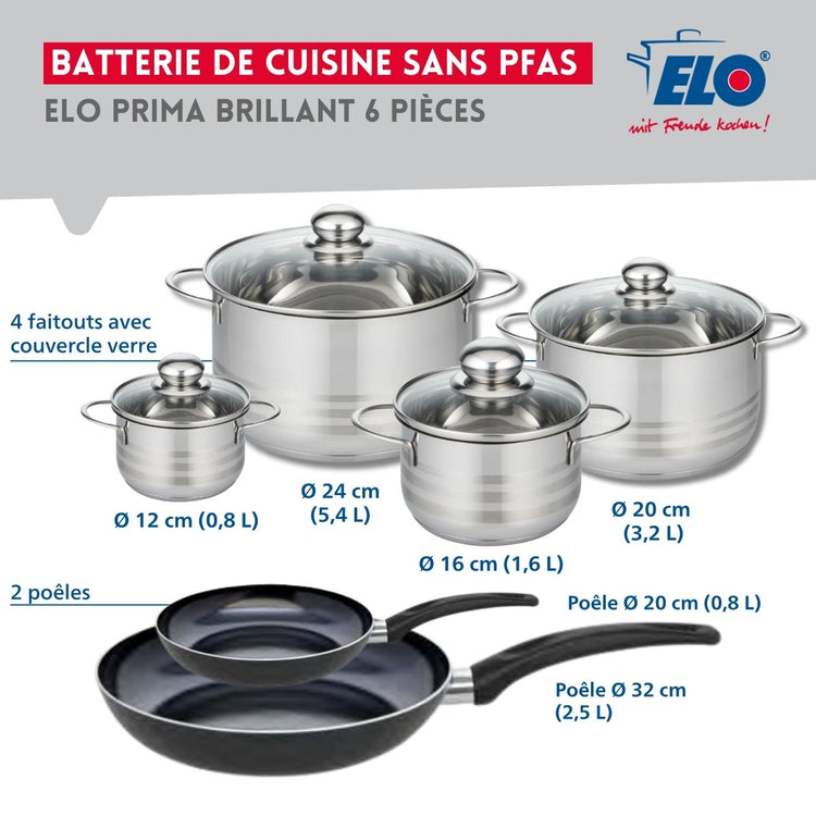 Ensemble de 2 Poêles de cuisson 20 et 32 cm et 4 faitouts 12, 16, 20 et 24 cm Elo Prima Brillant