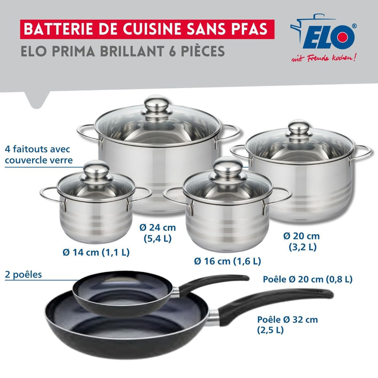 Ensemble de 2 Poêles de cuisson 20 et 32 cm et 4 faitouts 14, 16, 20 et 24 cm Elo Prima Brillant