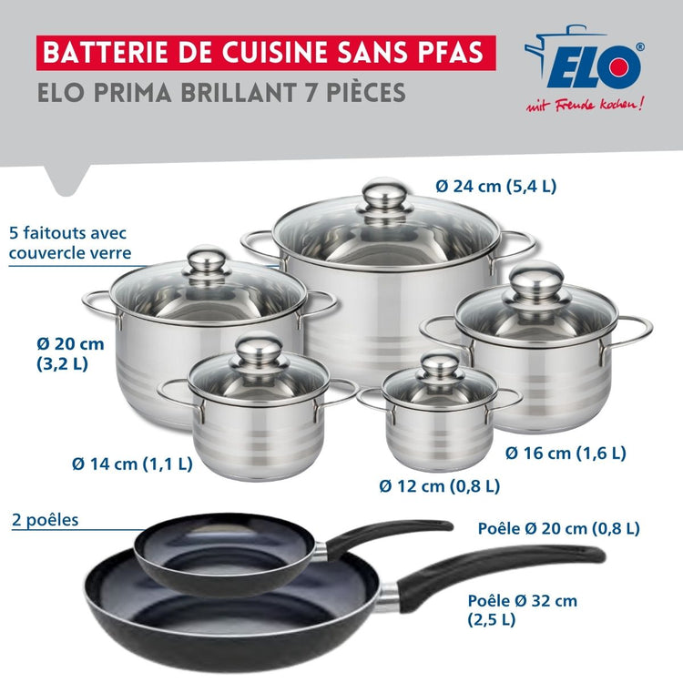 Ensemble de 2 Poêles de cuisson 20 et 32 cm et 5 faitouts 12, 14, 16, 20 et 24 cm Elo Prima Brillant