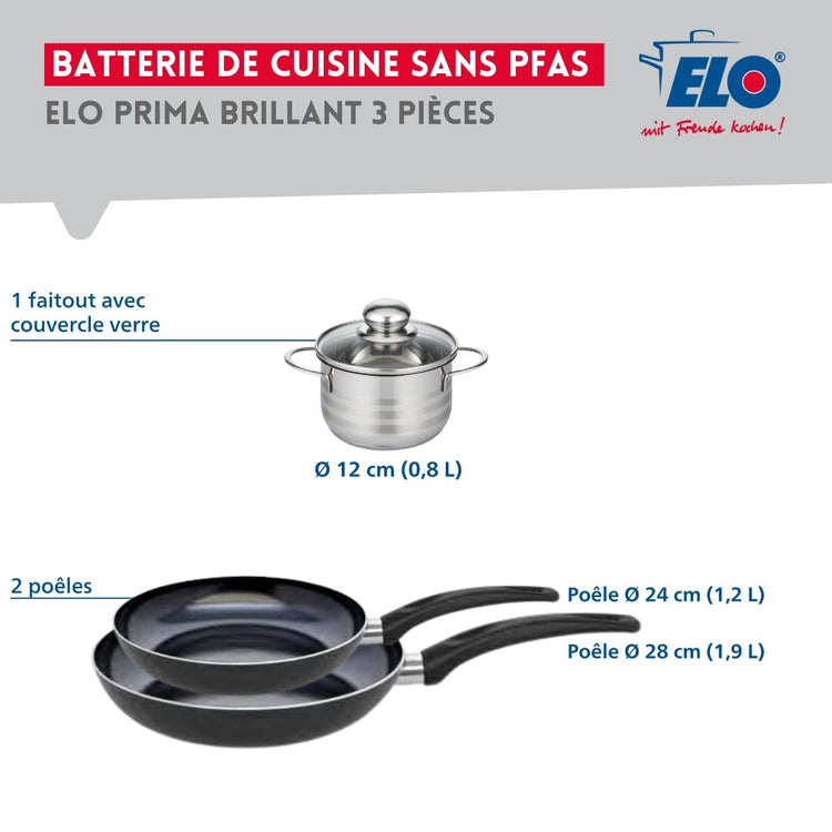 Ensemble de 2 Poêles de cuisson 24 et 28 cm et 1 faitout 12 cm Elo Prima Brillant