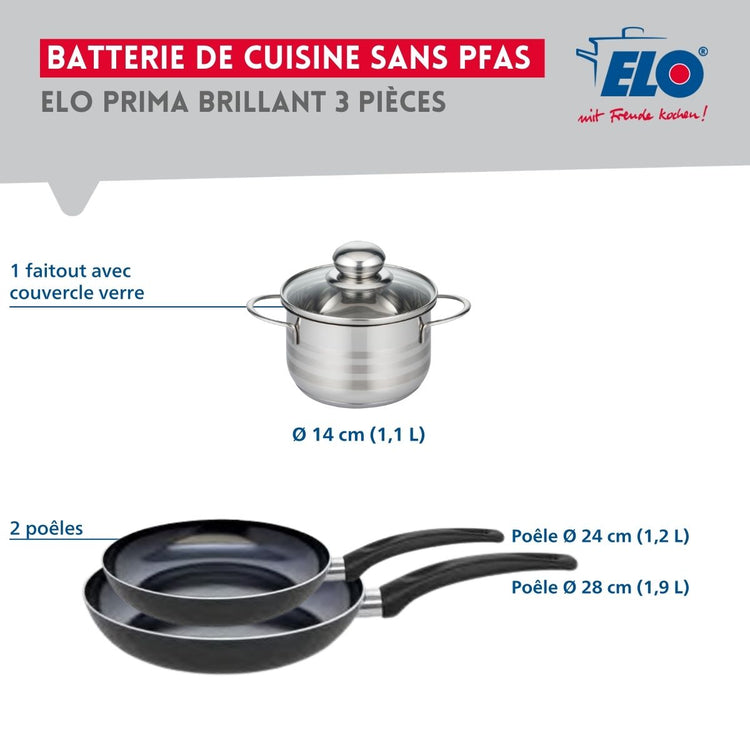 Ensemble de 2 Poêles de cuisson 24 et 28 cm et 1 faitout 14 cm Elo Prima Brillant