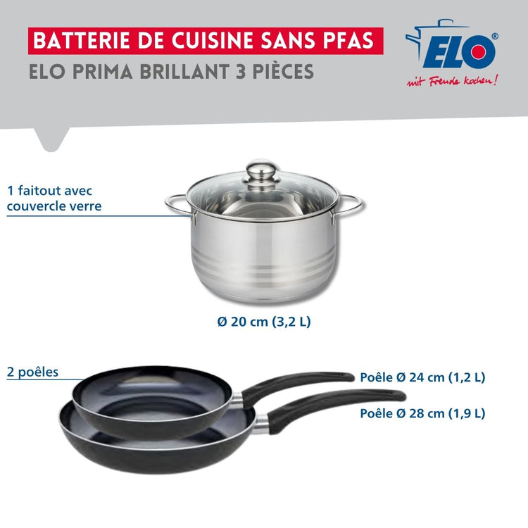 Ensemble de 2 Poêles de cuisson 24 et 28 cm et 1 faitout 20 cm Elo Prima Brillant