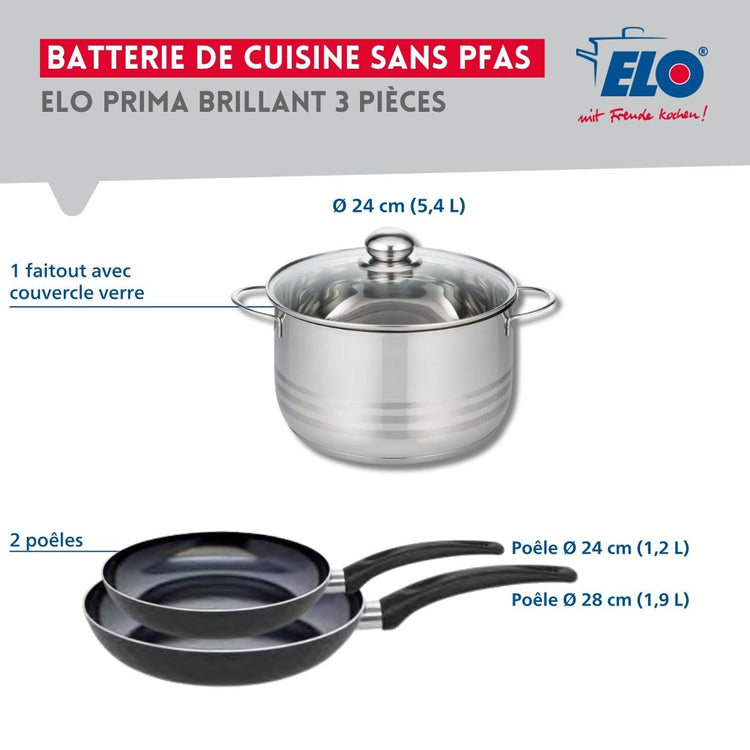 Ensemble de 2 Poêles de cuisson 24 et 28 cm et 1 faitout 24 cm Elo Prima Brillant