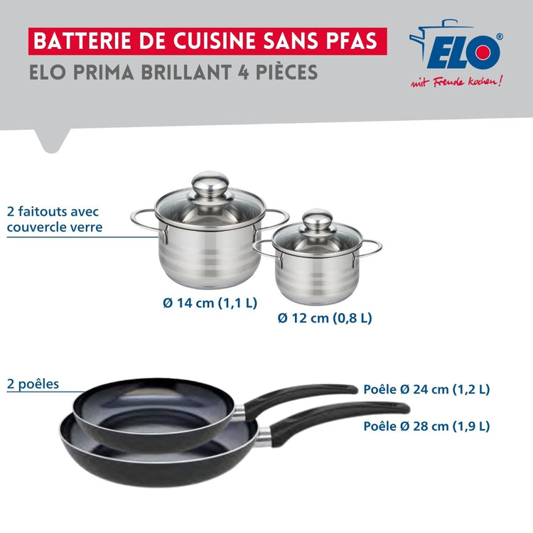 Ensemble de 2 Poêles de cuisson 24 et 28 cm et 2 faitouts 12 et 14 cm Elo Prima Brillant