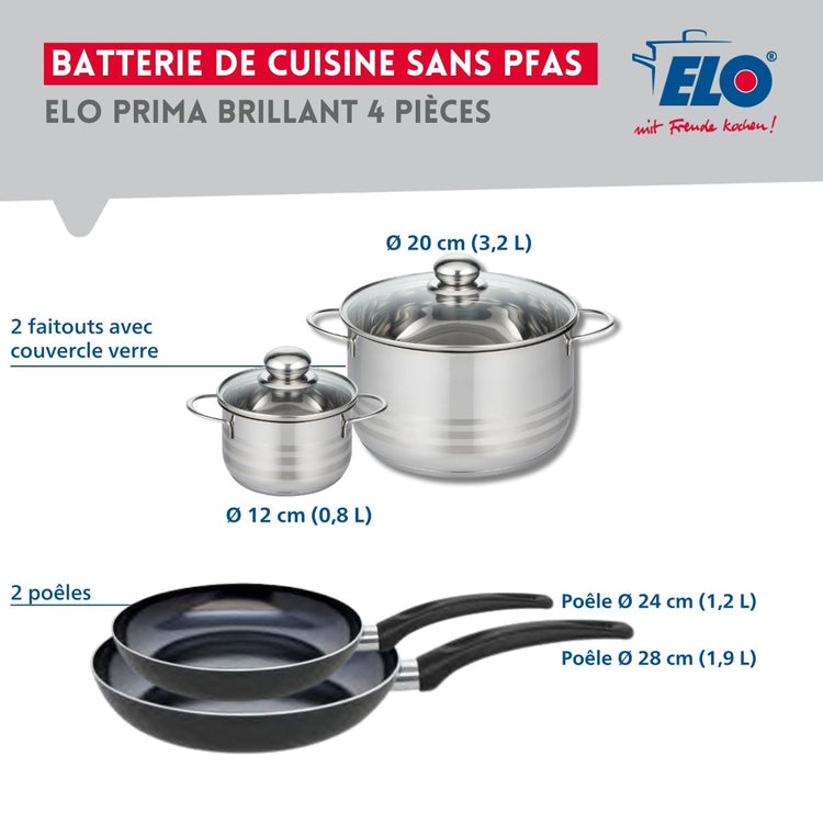 Ensemble de 2 Poêles de cuisson 24 et 28 cm et 2 faitouts 12 et 20 cm Elo Prima Brillant