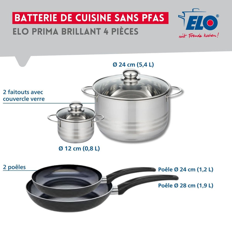 Ensemble de 2 Poêles de cuisson 24 et 28 cm et 2 faitouts 12 et 24 cm Elo Prima Brillant