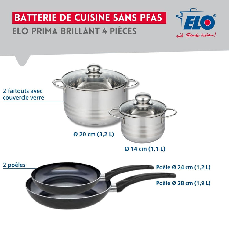 Ensemble de 2 Poêles de cuisson 24 et 28 cm et 2 faitouts 14 et 20 cm Elo Prima Brillant