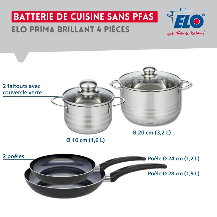 Ensemble de 2 Poêles de cuisson 24 et 28 cm et 2 faitouts 16 et 20 cm Elo Prima Brillant