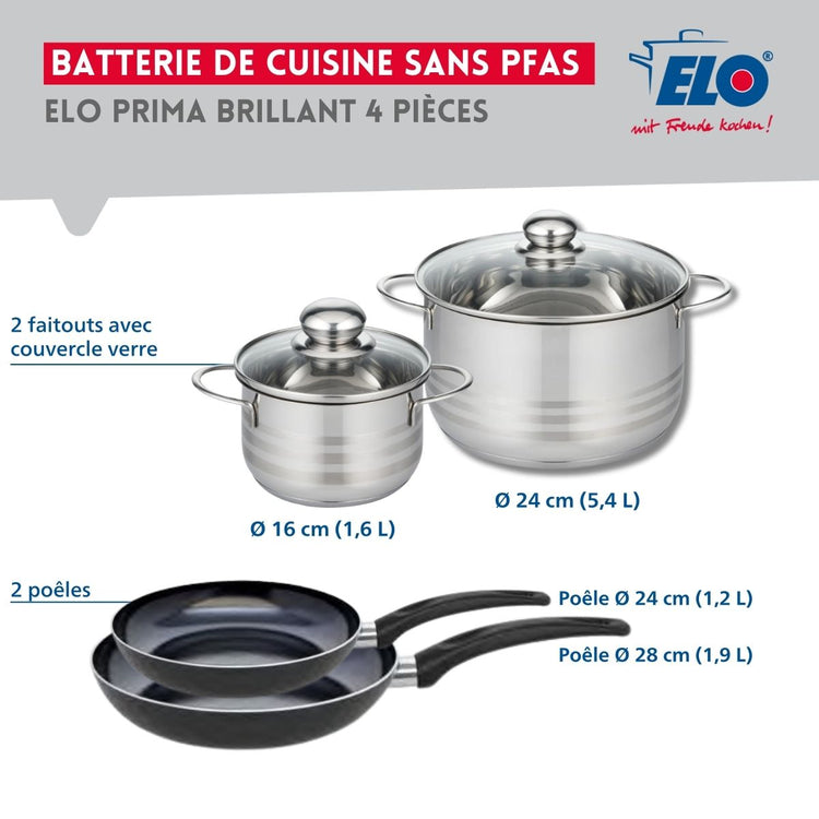 Ensemble de 2 Poêles de cuisson 24 et 28 cm et 2 faitouts 16 et 24 cm Elo Prima Brillant