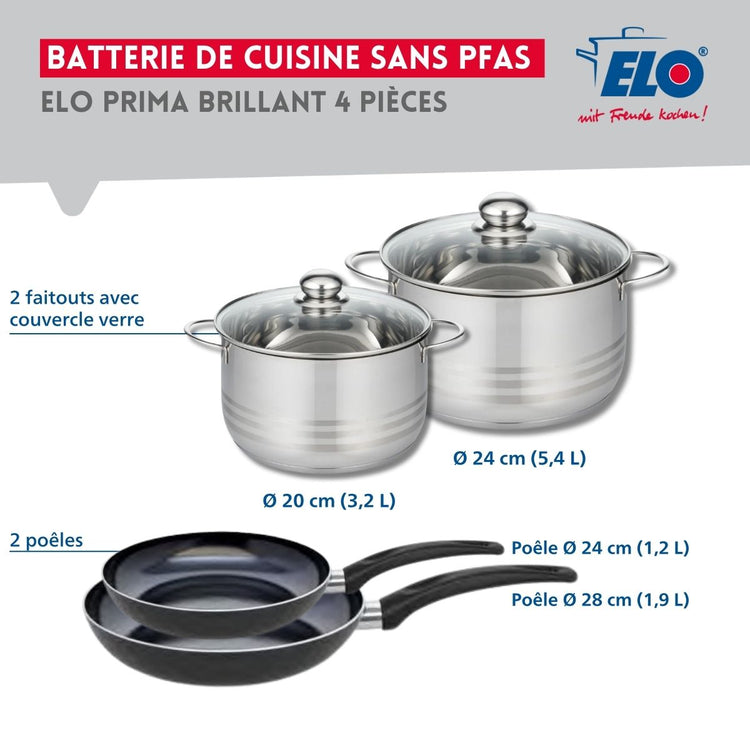 Ensemble de 2 Poêles de cuisson 24 et 28 cm et 2 faitouts 20 et 24 cm Elo Prima Brillant