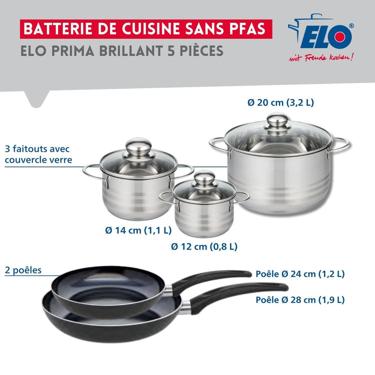 Ensemble de 2 Poêles de cuisson 24 et 28 cm et 3 faitouts 12, 14 et 20 cm Elo Prima Brillant