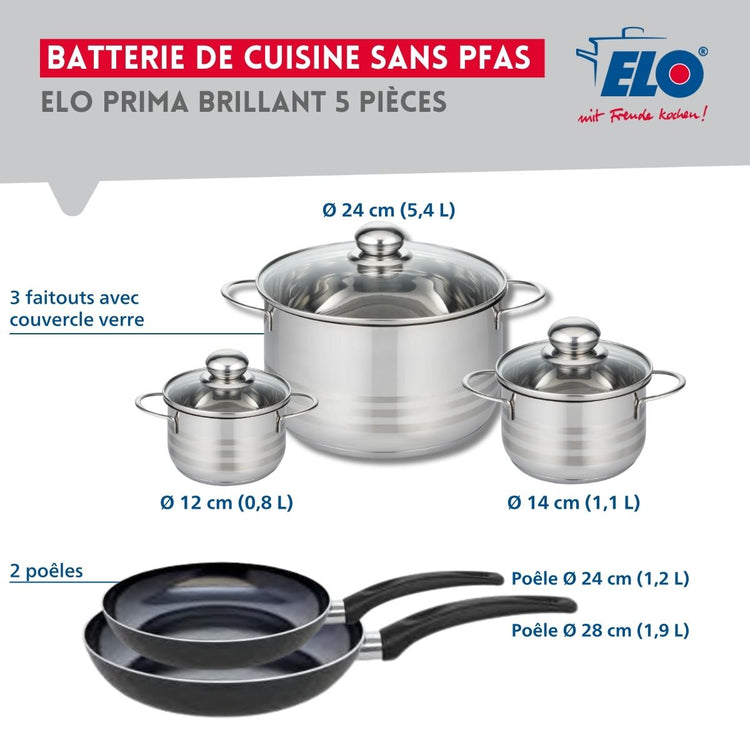 Ensemble de 2 Poêles de cuisson 24 et 28 cm et 3 faitouts 12, 14 et 24 cm Elo Prima Brillant