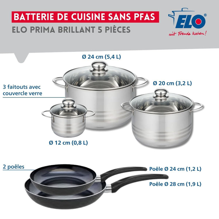 Ensemble de 2 Poêles de cuisson 24 et 28 cm et 3 faitouts 12, 20 et 24 cm Elo Prima Brillant