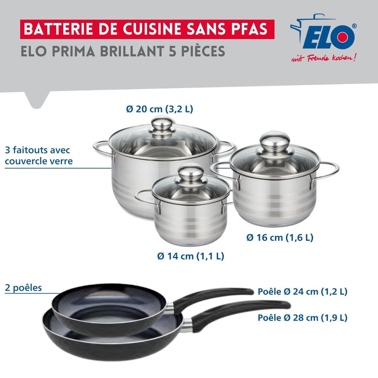 Ensemble de 2 Poêles de cuisson 24 et 28 cm et 3 faitouts 14, 16 et 20 cm Elo Prima Brillant