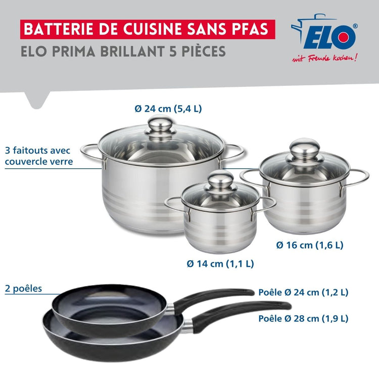 Ensemble de 2 Poêles de cuisson 24 et 28 cm et 3 faitouts 14, 16 et 24 cm Elo Prima Brillant