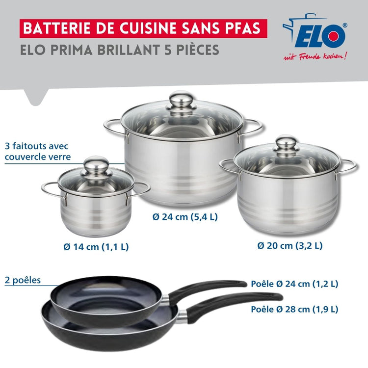 Ensemble de 2 Poêles de cuisson 24 et 28 cm et 3 faitouts 14, 20 et 24 cm Elo Prima Brillant