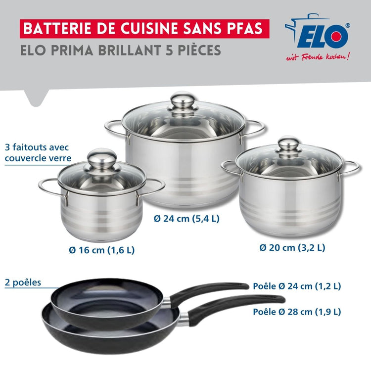 Ensemble de 2 Poêles de cuisson 24 et 28 cm et 3 faitouts 16, 20 et 24 cm Elo Prima Brillant