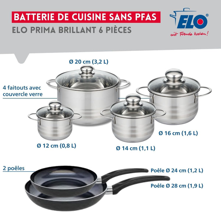 Ensemble de 2 Poêles de cuisson 24 et 28 cm et 4 faitouts 12, 14, 16 et 20 cm Elo Prima Brillant