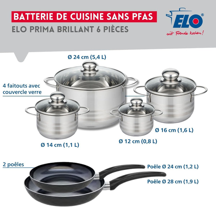 Ensemble de 2 Poêles de cuisson 24 et 28 cm et 4 faitouts 12, 14, 16 et 24 cm Elo Prima Brillant