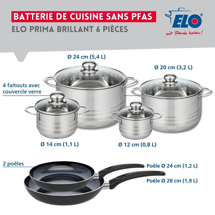 Ensemble de 2 Poêles de cuisson 24 et 28 cm et 4 faitouts 12, 14, 20 et 24 cm Elo Prima Brillant