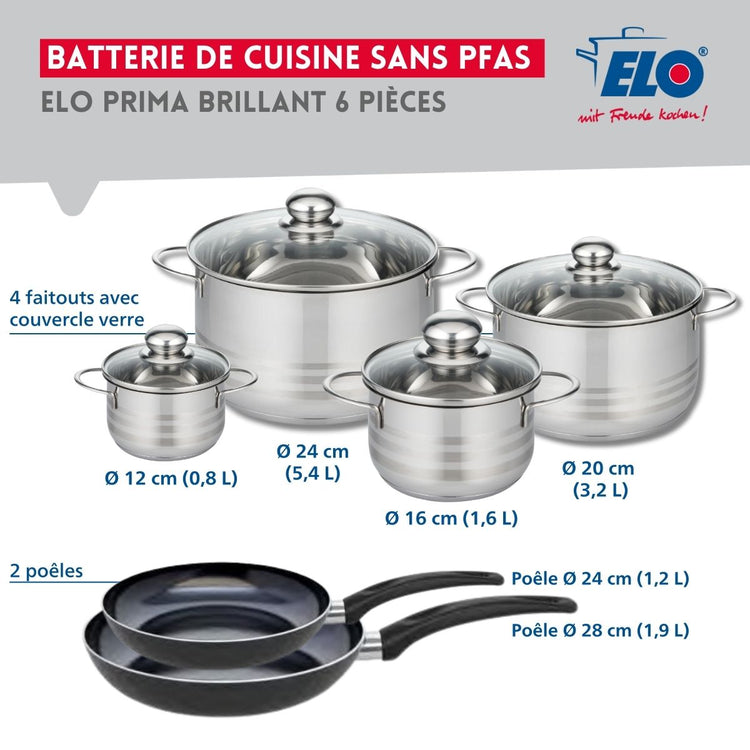 Ensemble de 2 Poêles de cuisson 24 et 28 cm et 4 faitouts 12, 16, 20 et 24 cm Elo Prima Brillant