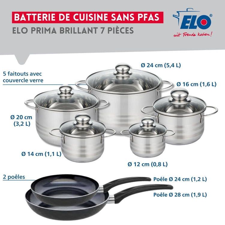 Ensemble de 2 Poêles de cuisson 24 et 28 cm et 5 faitouts 12, 14, 16, 20 et 24 cm Elo Prima Brillant