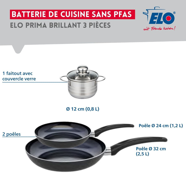 Ensemble de 2 Poêles de cuisson 24 et 32 cm et 1 faitout 12 cm Elo Prima Brillant