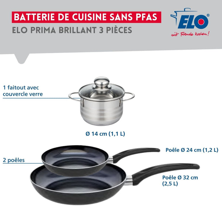 Ensemble de 2 Poêles de cuisson 24 et 32 cm et 1 faitout 14 cm Elo Prima Brillant