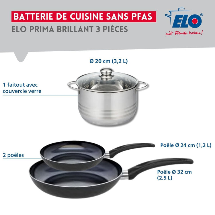 Ensemble de 2 Poêles de cuisson 24 et 32 cm et 1 faitout 20 cm Elo Prima Brillant