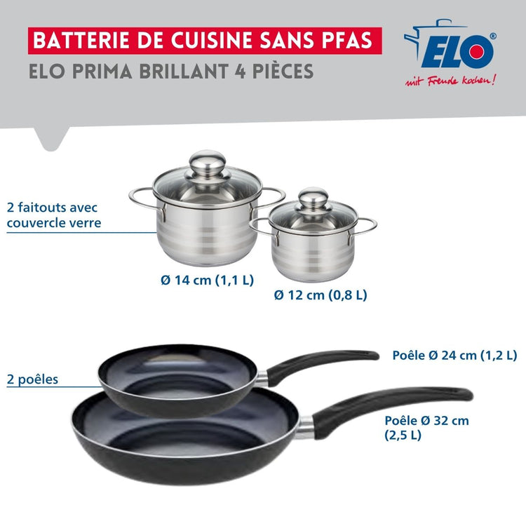 Ensemble de 2 Poêles de cuisson 24 et 32 cm et 2 faitouts 12 et 14 cm Elo Prima Brillant