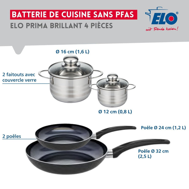 Ensemble de 2 Poêles de cuisson 24 et 32 cm et 2 faitouts 12 et 16 cm Elo Prima Brillant