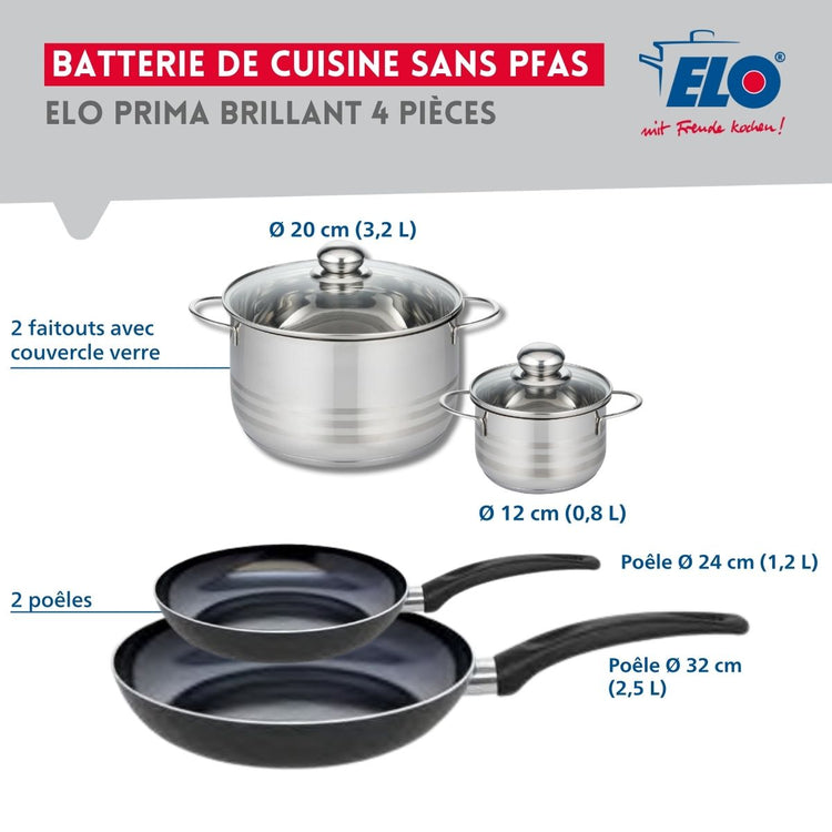 Ensemble de 2 Poêles de cuisson 24 et 32 cm et 2 faitouts 12 et 20 cm Elo Prima Brillant