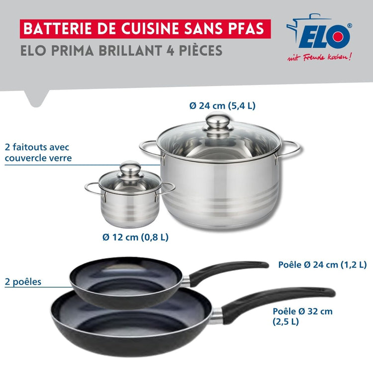 Ensemble de 2 Poêles de cuisson 24 et 32 cm et 2 faitouts 12 et 24 cm Elo Prima Brillant