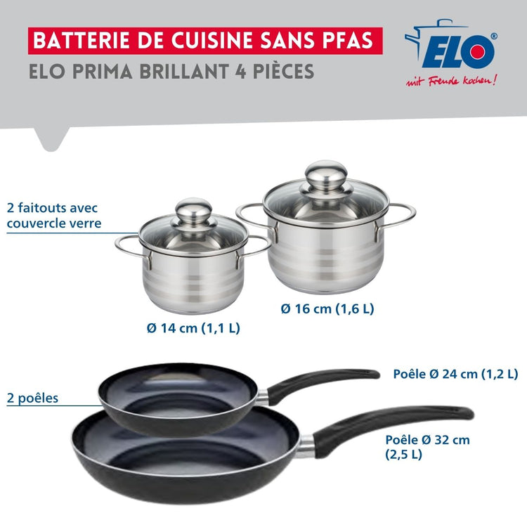 Ensemble de 2 Poêles de cuisson 24 et 32 cm et 2 faitouts 14 et 16 cm Elo Prima Brillant