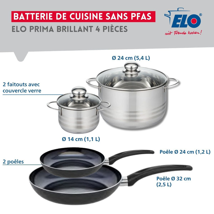 Ensemble de 2 Poêles de cuisson 24 et 32 cm et 2 faitouts 14 et 24 cm Elo Prima Brillant