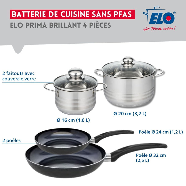 Ensemble de 2 Poêles de cuisson 24 et 32 cm et 2 faitouts 16 et 20 cm Elo Prima Brillant