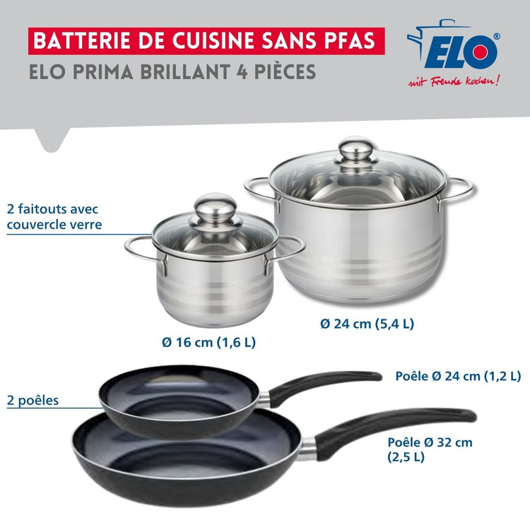 Ensemble de 2 Poêles de cuisson 24 et 32 cm et 2 faitouts 16 et 24 cm Elo Prima Brillant