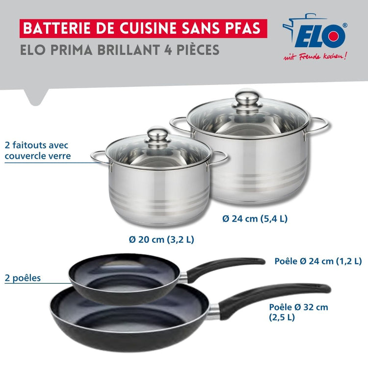 Ensemble de 2 Poêles de cuisson 24 et 32 cm et 2 faitouts 20 et 24 cm Elo Prima Brillant