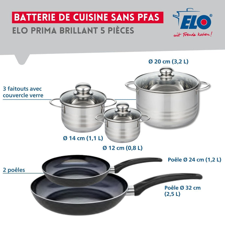 Ensemble de 2 Poêles de cuisson 24 et 32 cm et 3 faitouts 12, 14 et 20 cm Elo Prima Brillant