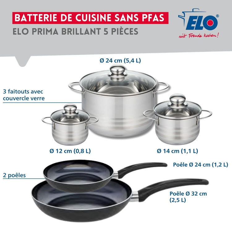 Ensemble de 2 Poêles de cuisson 24 et 32 cm et 3 faitouts 12, 14 et 24 cm Elo Prima Brillant