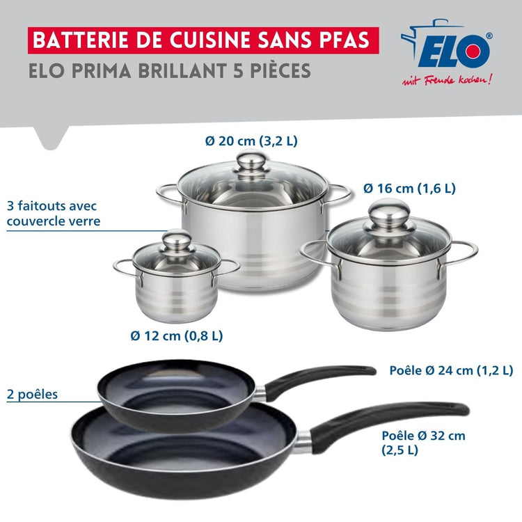 Ensemble de 2 Poêles de cuisson 24 et 32 cm et 3 faitouts 12, 16 et 20 cm Elo Prima Brillant