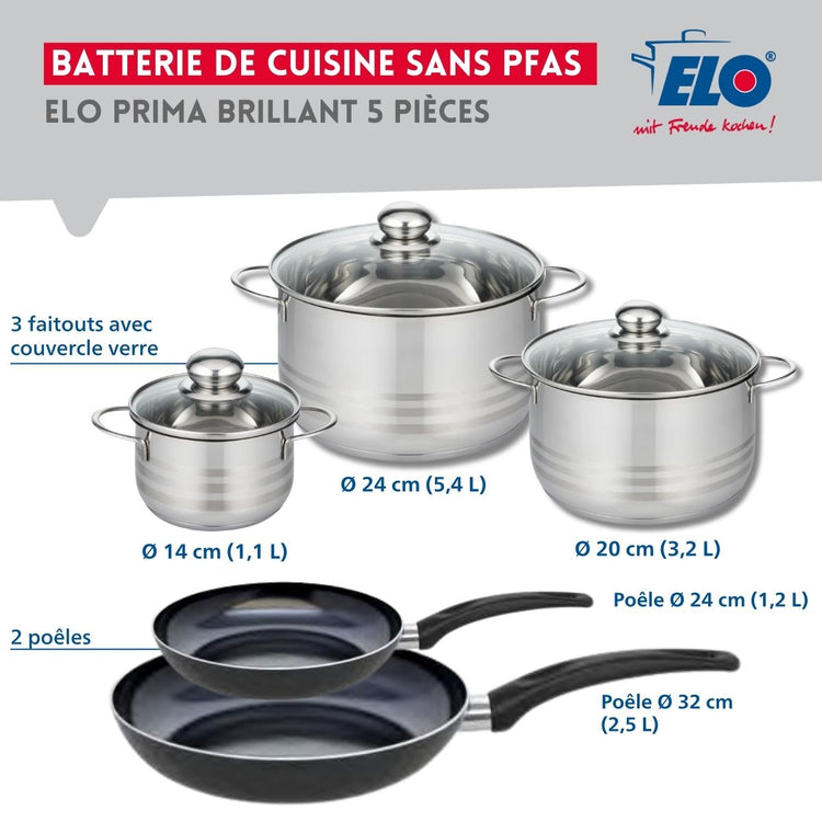 Ensemble de 2 Poêles de cuisson 24 et 32 cm et 3 faitouts 14, 20 et 24 cm Elo Prima Brillant