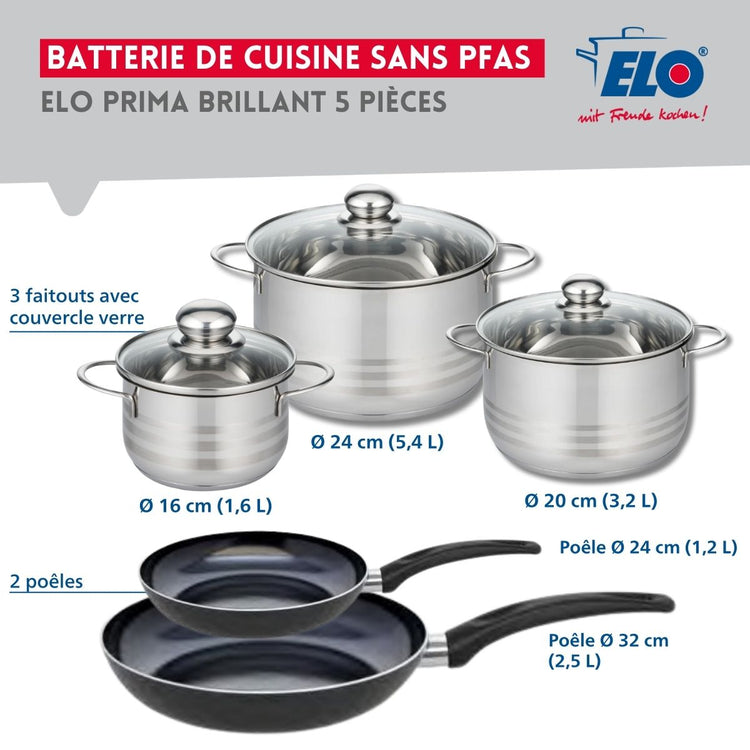 Ensemble de 2 Poêles de cuisson 24 et 32 cm et 3 faitouts 16, 20 et 24 cm Elo Prima Brillant